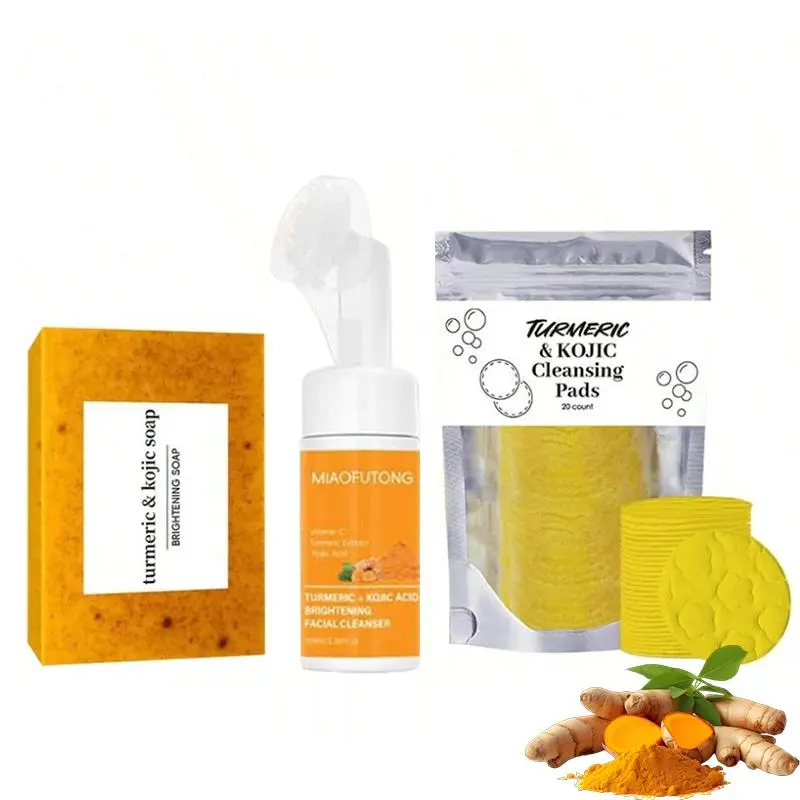 Turmeric Facial Cleanser Multi-Pack (3-Count) - Turmeric Soap, Cleansing Pad, Mousse Cleanser, Deep Cleansing Duo, Hydrating Nourishing Skincare Kit for All Skin Types, Christmas Gift