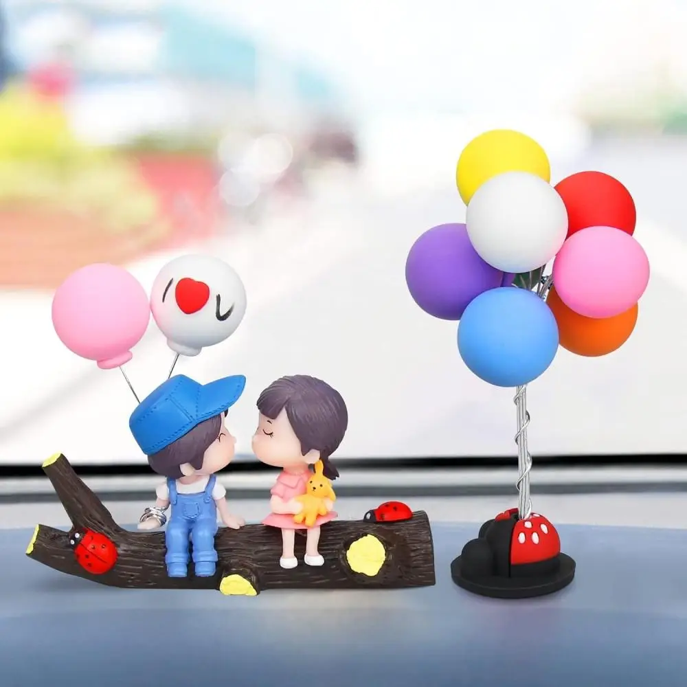 Car Couple Balloon Center Console Ornaments, 1 Count Cute Tree Branch Couple Dolls with Balloons Dashboard Ornament, Colorful Love Balloon Car Interio