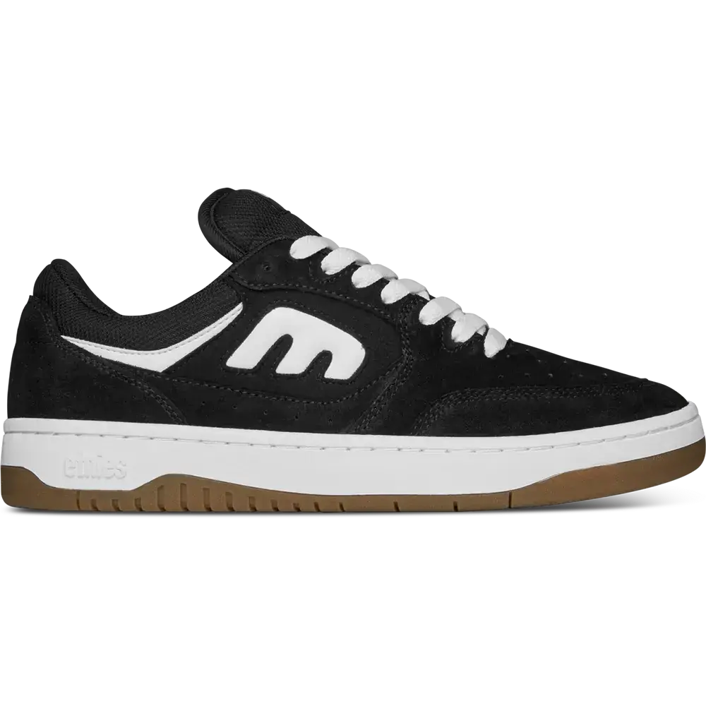 etnies Loot Black/White/Gum Mens Skate Shoe - Suede & Leather Upper, Beefier Profile, Comfort Level 2 Insole, Die-Cut EVA Midsole, Elastic Tongue Straps, Flexible 400 NBS Rubber Gum Outsole, Soft Padding