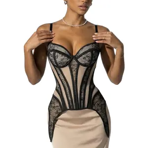 Overbust Black Lace Corset for Women – White Lace Corset Top Longline Bustier with Waist Cincher & Boning