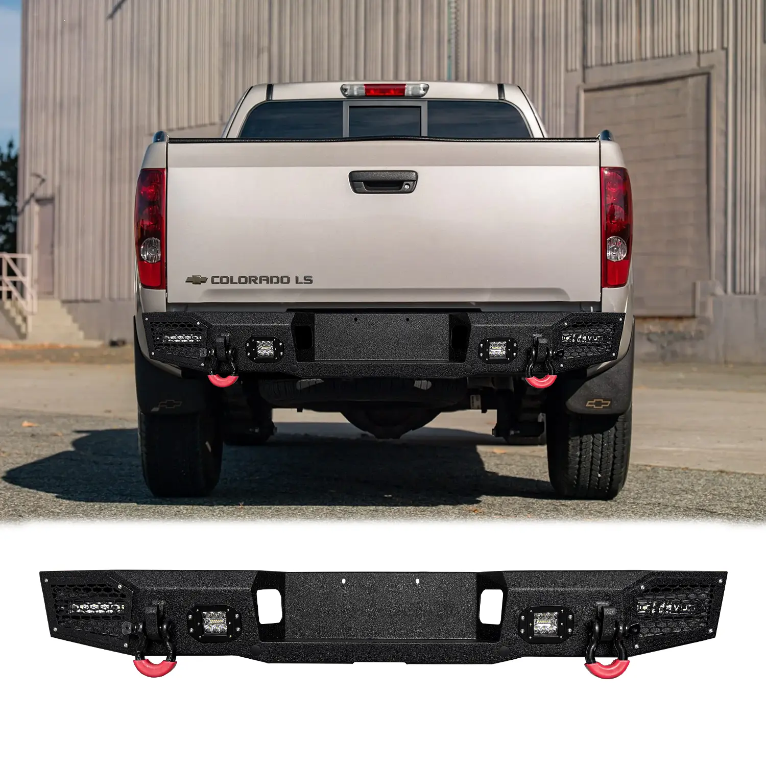Vijay Black Textured Metal LED-Lit Rear Bumper with 2 D-Rings, Versatile Attachment Options for 2004-2014 Chevrolet Colorado Vehicle - Rugged Terrain-Ready, Easy-to-Install Off-Road Accessory, Visibility Enhancer