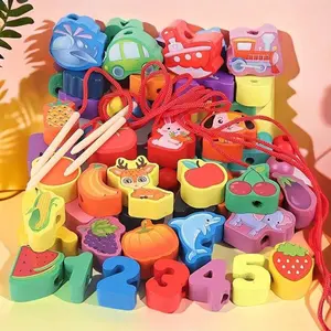 [46/51/72] Pcs Wooden Lacing Beads Set, Multi Activity Playset, Colorful Animals Fruits Vehicles & Alphabet Threading Blocks, Preschool Early Learning Fine Motor Skills STEM Toy, Best Christmas Easter Birthday Holiday Gift for Toddler Boys & Girls