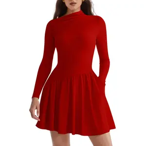 HYZ Women's Elegant Long Sleeve Belted Ruffled A-line Going Out Party Mini Dress