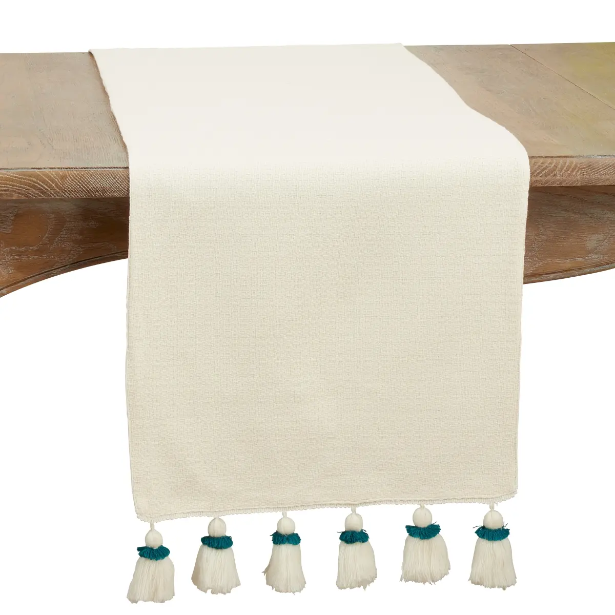 Cotton Fiber Rectangular Table Runner, 16x72 in., Teal with Tassels Edge, Ideal for Table Setting
