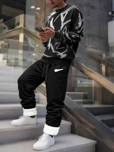 Men's Fashion Set, Artistic Graffiti Sweater & Star Print Fleece Pants Two-Piece, Comfortable Fabric, Casual Fall Winter