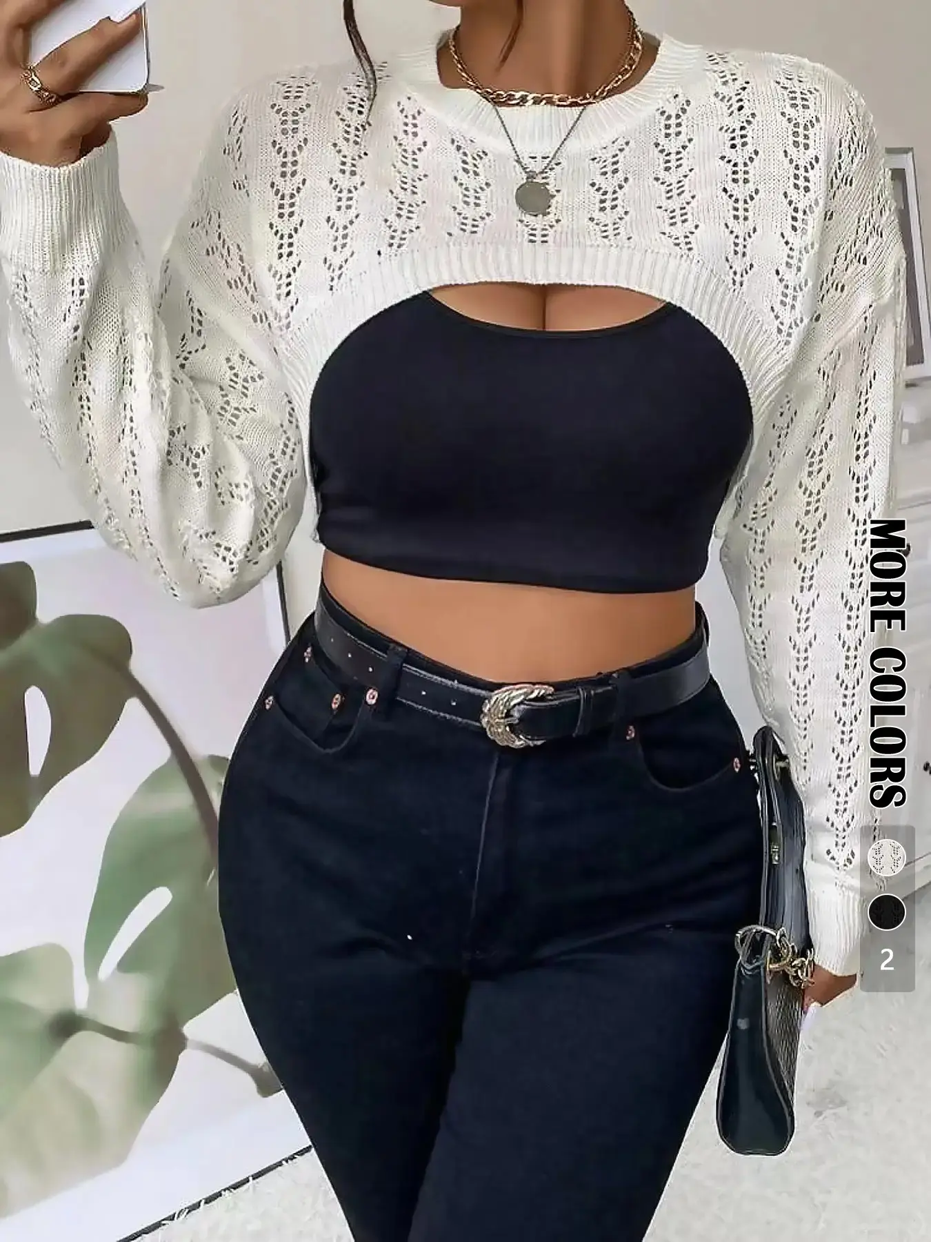 Plus Size Hollow Out Drop Shoulder Crop Sweater, Casual Long Sleeve Crew Neck High Low Jumper Knitwear for Spring & Fall, Women's Plus Size Clothing for Daily Wear, Womenswear