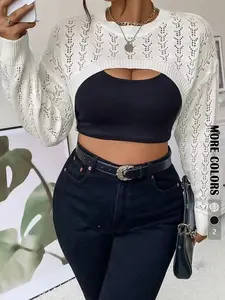 Plus Size Hollow Out Drop Shoulder Crop Sweater, Casual Long Sleeve Crew Neck High Low Jumper Knitwear for Spring & Fall, Women's Plus Size Clothing for Daily Wear, Womenswear