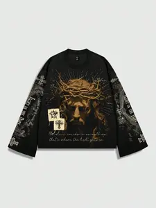 Men's Loose-Fit Knit Hoodie Sweatshirt, Short Box Cut, Single-Sided Print, Jesus Thorn Eagle Cross Text, Fall & Winter Casual Wear, Knitwear