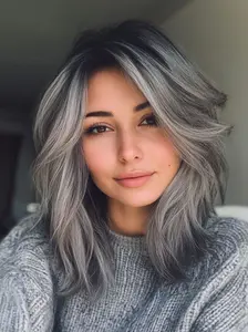 Slive Gray Ombre Layered Wigs with Bangs for Women Synthetic Short Gray Highlight Wavy 14inch Layered Curly Slive Gray Wavy Bob Wig for Daily Use Machine Made Wigs