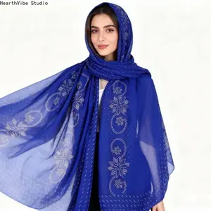 Luxury Royal Blue Chiffon Hijab with Sparkling Rhinestone Floral - Starry Glitter Headscarf, Premium Soft Muslim Women Shawl for Eid, Wedding & Party Evening Look