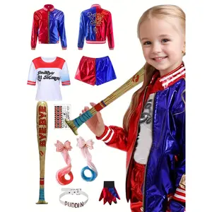 9pcs Joker Costume Halloween for Cool Girls Jacket Shorts T-Shirt Easy to Wear Kids Cosplay Deluxe Blue Red Suit Movie Outfit