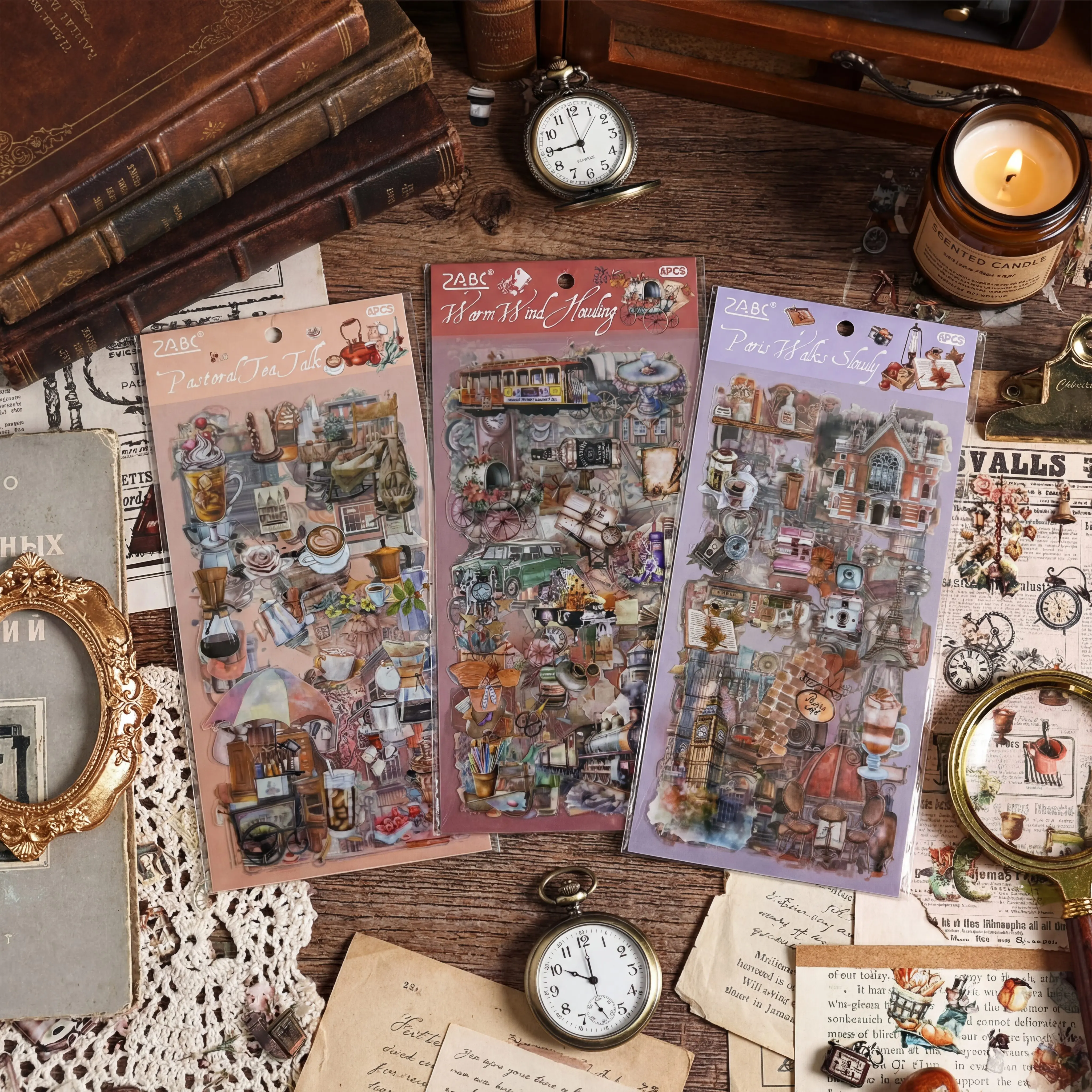 A SET FOR 3 Packs，Waterproof PET journal stickers – European vintage,  18 SHEETS, niche patterns for scrapbooking, DIY journaling,  card making, gift wrapping, and mixed media crafts. Self-adhesive, premium quality for creative projects