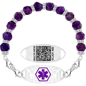 Uloveido Dynamic QR Code Medical Alert Bracelet for Women | Amethyst Beaded Medical ID Bracelet with Stainless Steel Tag, No Info Needed at Checkout, Scan to Update Medical Information Anytime