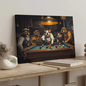 1 Count wood frame canvas, Dog Friends Billiards poster, funny animal print, stylish family poster, Bedroom mural, modern art Deco, exquisite hallway wall decoration, Ideal gift, waterproof, print, Canvas Prints