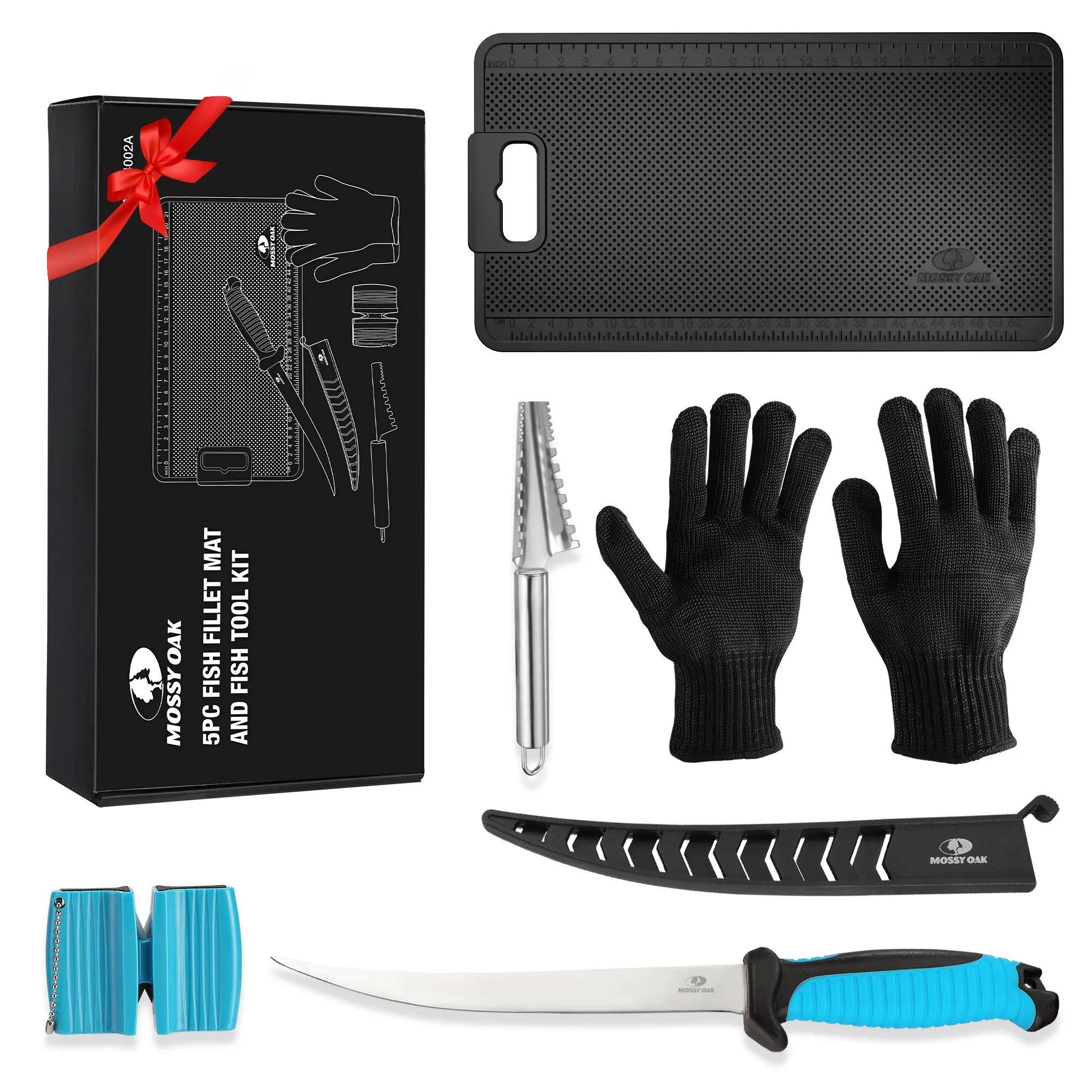 #backtoschool MOSSY OAK Fish Fillet Knife Set, 5 PCS Fish Cleaning Kit Includes 7" Fishing Knife, Non-Slip Fish Fillet Mat, Knife Sharpener, Fish Scaler Remover and Cut Resistant Gloves, Fishing Accessories Gifts