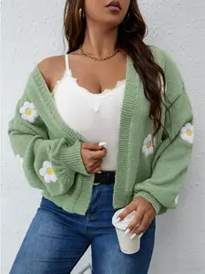 Plus Size Women's Floral Patchwork Cardigan Sweater, Long Sleeve Loose-Fit Knitted Top, Knitwear, Casual Thick Fabric for Fall & Winter