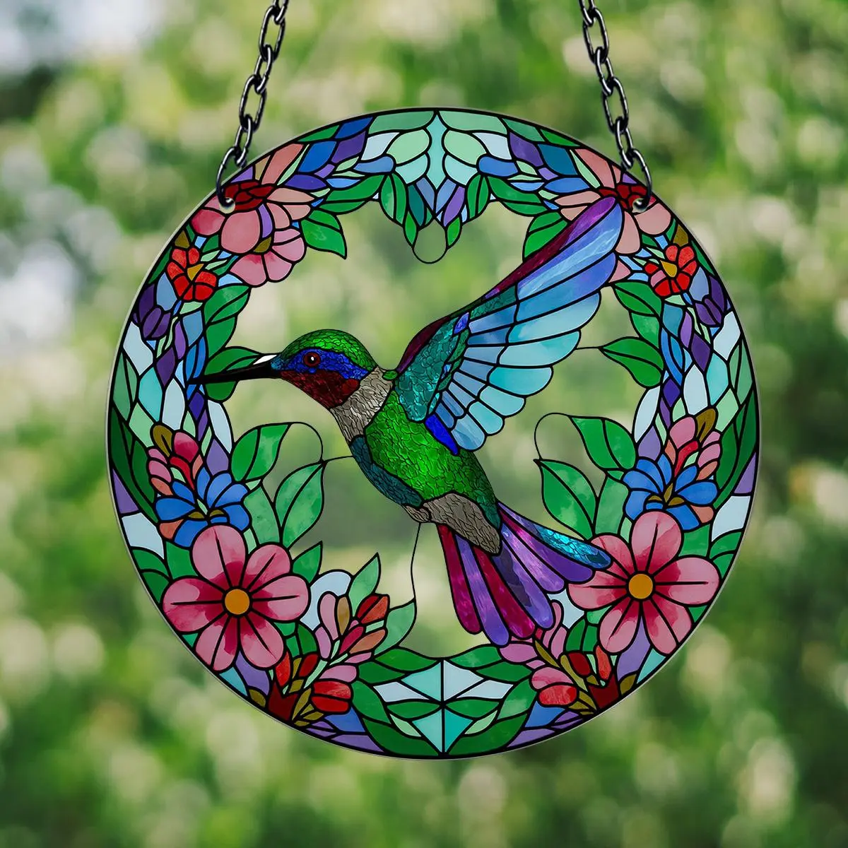 Hummingbird Flower Pattern Hanging Decor, Colorful Art Translucent Round Window Hanging Decoration, Boho Decoration, Acrylic Decoration, Sun Catcher, Gift for Family, Lover, Friends, Ornaments, Hanging Home Decor