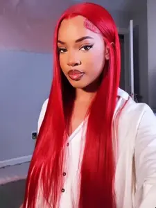 13X6 Red Lace Front Wig for Women Long Straight Hair 180% Density Free Part Frontal Lace Wigs Glueless Heat Resistant Fiber Soft Hair Replacement Wigs for Daily & Party Use 26 Inch