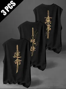 Men's Summer Streetwear Sleeveless Tank Tops, Japanese Samurai Sword & Calligraphy Design, Casual Long Fit H-Type, Ideal for Sports & Leisure
