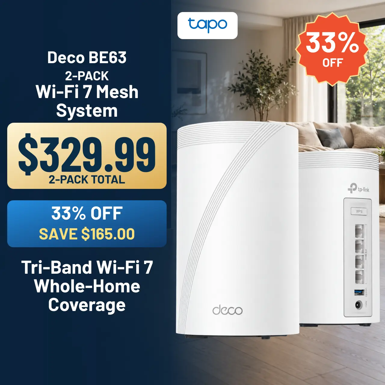 TP-Link Deco BE63  (2-Pack) Deco 7 Pro BE10000 Tri-Band WiFi 7Whole Home Mesh System- 6-Stream 10 Gbps, 5800 Sq.Ft Coverage, 4x2.5G Ports Wired Backhaul, 4X Smart Internal Antennas, VPN, MU-MIMO, HomeShield, Free Expert Support, Ductless Wifi, Wireless Ro