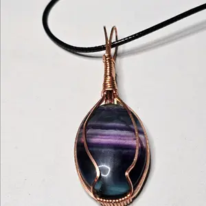 Beautiful Natural Fluorite Crystal Pendant Wire Wrapped & Cord Necklace 24"