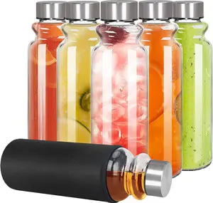 Glass Water Bottles Set of 6, 18 oz,  Water Bottle with , LeakProof Juice Bottles, , Container Bottle for Refrigerator, Suitable for Beverage, Milk, Soda