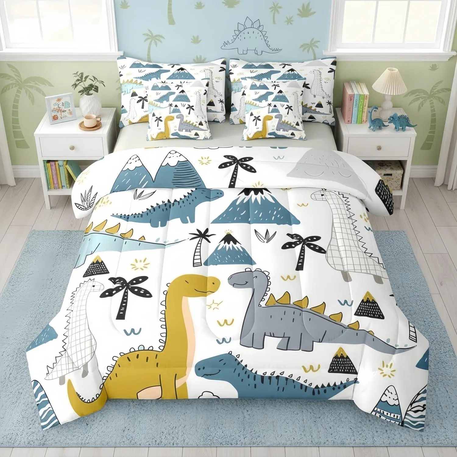 7 Piece Dinosaur Comforter Set,Cute Dinosaur Bedding Sets,Yellow Blue Grey Dino Bed in a Bag with Sheets Kawaii Room Decor (2 Pillowcases + Shams)