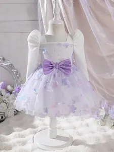 Girls' dresses, delicate bow dresses for baby girls, cute and sweet princess style floral dress with bubble sleeves, important occasions for baby girls, birthday parties, party outfits for baby girls, gentle and obedient dresses for baby girls