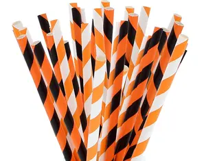 Party On Tap Striped Paper Straws - Orange, White, Black - Biodegradable for Pumpkin Party, Pack of 100