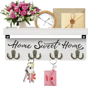 Home Sweet Home Wall-Mounted Key and Mail Holder Wooden Key Rack with 4 Double Key Hooks Rustic Home Decor for Entryway White