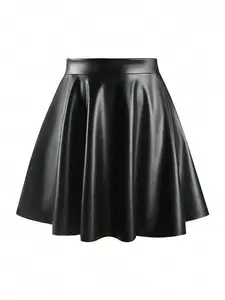 Women's pleated A-line mini skirt, cool and stylish black leather short skirt, party dress suitable for streetwear, parties, and other occasions.