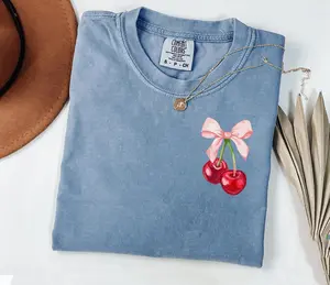 Comfort Colors Cherry Bow Shirt, Coquette Aesthetic Tee, Cute Cherry T-Shirt, Girly Summer Shirt, Cottagecore Cherry Tee