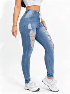 Women's Drawstring Elastic Waist Light Wash Skinny Jeans, Multi-Layer Shredded Ripped Distressed Destroyed Casual Streetwear Stretchy Denim Pants