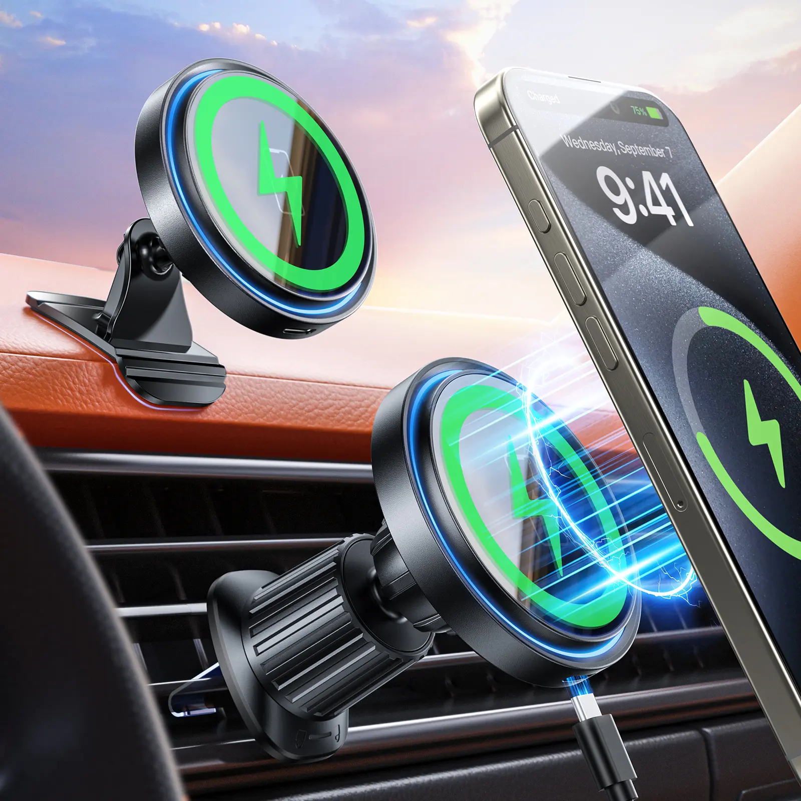 OANDYS MagSafe Car Phone Holder Charger - 15W Magnetic Fast Charging Solution, Dashboard Wireless Charging, Magnetic Design, LED Light, 360° Flexibility, 1-Click Use, Metal Plate, Hands-Free Car Accessory for iPhone 17/16/15/14/13/12 Series