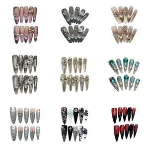 Assorted Long Stiletto Press On Nails Set, 10PCS Each Style Handmade Reusable Acrylic Fake Nails With Diverse Designs For Fashion Variety,Black Glitter,High Quality Glitter Elegant Bling Rhinestone,Elegant Rhinestone Decorated