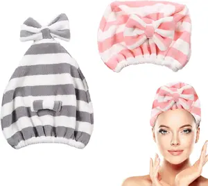 2PCS Hair Towel Cap,Rapid Drying Towel For Hair,Soft Absorbent Hair Drying Towel Turban,Cute Gray Pink Bow Hair Towel Wrap,Hair Drying Towels For Women Fast Dry summervibes