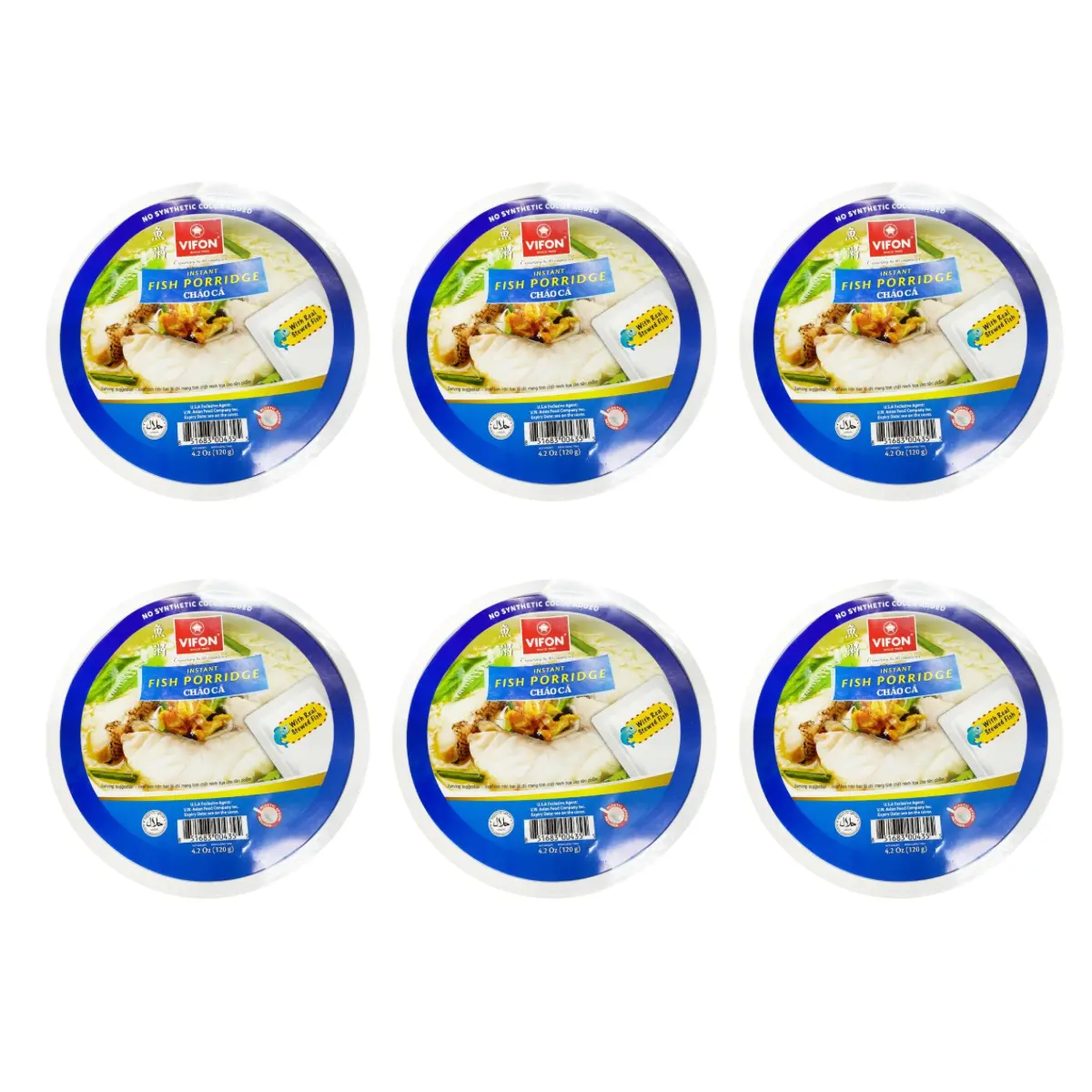 VIFON Instant Fish Porridge Cup - 4.16oz (6 Bowls), Natural Ready-to-Eat Pantry Food with Onion, Vegetable, Soup, Salt, Fried Ingredients