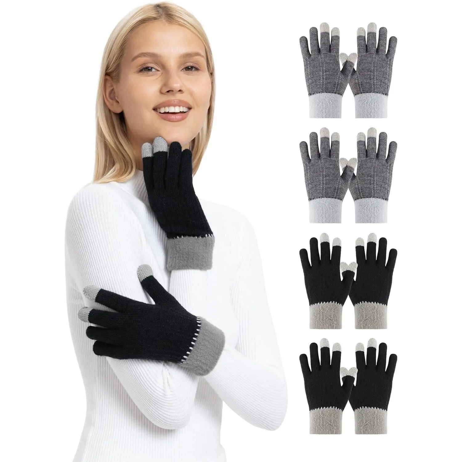 Winter Gloves for Women, 4 Pairs Womens Touch Screen Warm Lining Stretchy Thermal Knitted Gloves for Cold Weather 2 Black / 2 Grey Pack