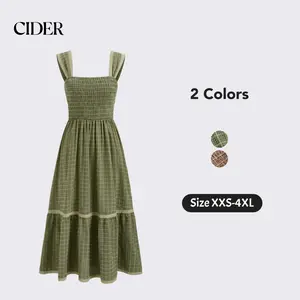 Cider [2 colors, size 0-26] Square Neck Shirred Gingham Maxi Dress