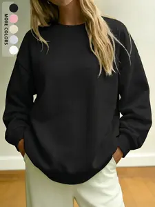 Women's Solid Color Round Neck Long Sleeves Sweatshirt, Fall & Winter Warm Sporty Pullover, Loose Fit Comfortable Casual Wear for Home or Work