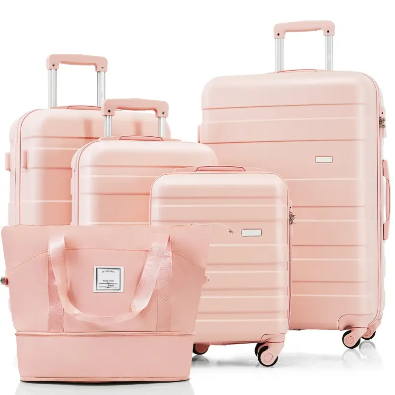 5-Piece Expandable ABS Luggage Set (16/20/24/28") w/ 360° Spinner Wheels & Travel Bag - Adjustable Handles + Waterproof Compartments - Pink
