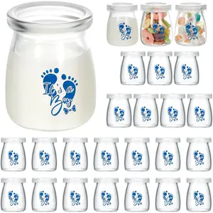 24 Pcs Mini Glass Milk Bottles with Lids - Baby Shower & Gender Reveal Party Favors, Candy Jars & Small Centerpiece Decorations for Events (It's A Boy)