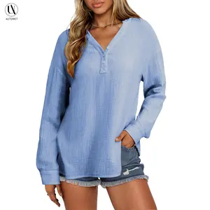 AUTOMET Women's Casual Button V Neck Long Sleeve Shirts Oversized Loose Fit Solid Blouse Tops Medium Fit Lightweight Comfortable Wear with Side Slit for All Seasons
