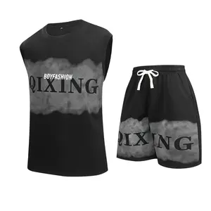 Men's suit, summer casual round neck T-shirt with drawstring shorts, sleeveless vest, vest men's clothing, Menswear Top letter printing design, T-shirt and beach shorts two-piece set, daily running and fitness wear.