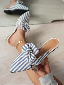 Women's Spring & Fall Casual Mules, Slip on Mules, Korean Style Pointed Toe Bow Design, Striped Textile Upper, Rubber Sole, All Season Comfort Shoes