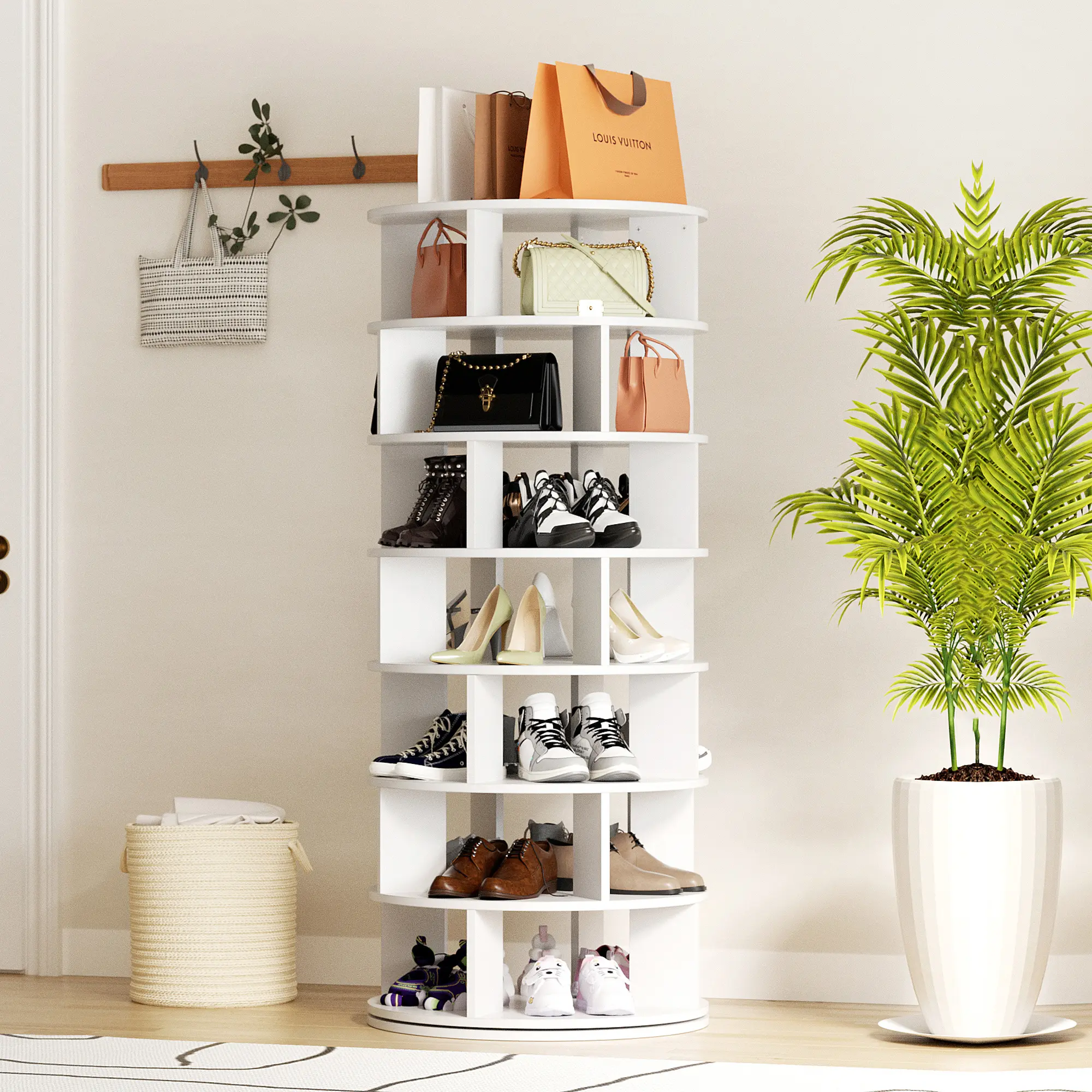 7-Tier MDF Wood Heavy-Duty Shoe Rack - 360° Rotatable, 28-Lattice Compact Organizer for Closet Storage, Wardrobe Dorm Room Use, Versatile Aesthetic Shoe Organization Solution