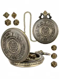 Bronze/dark Silver Warrior Fighter Crossed Swords Party Gift, Vintage Watch Case + Thick Chain, Mini Dice Set with 7 Metal Polyhedron Dice, DND Metal Dice, Polyhedral Dice Set