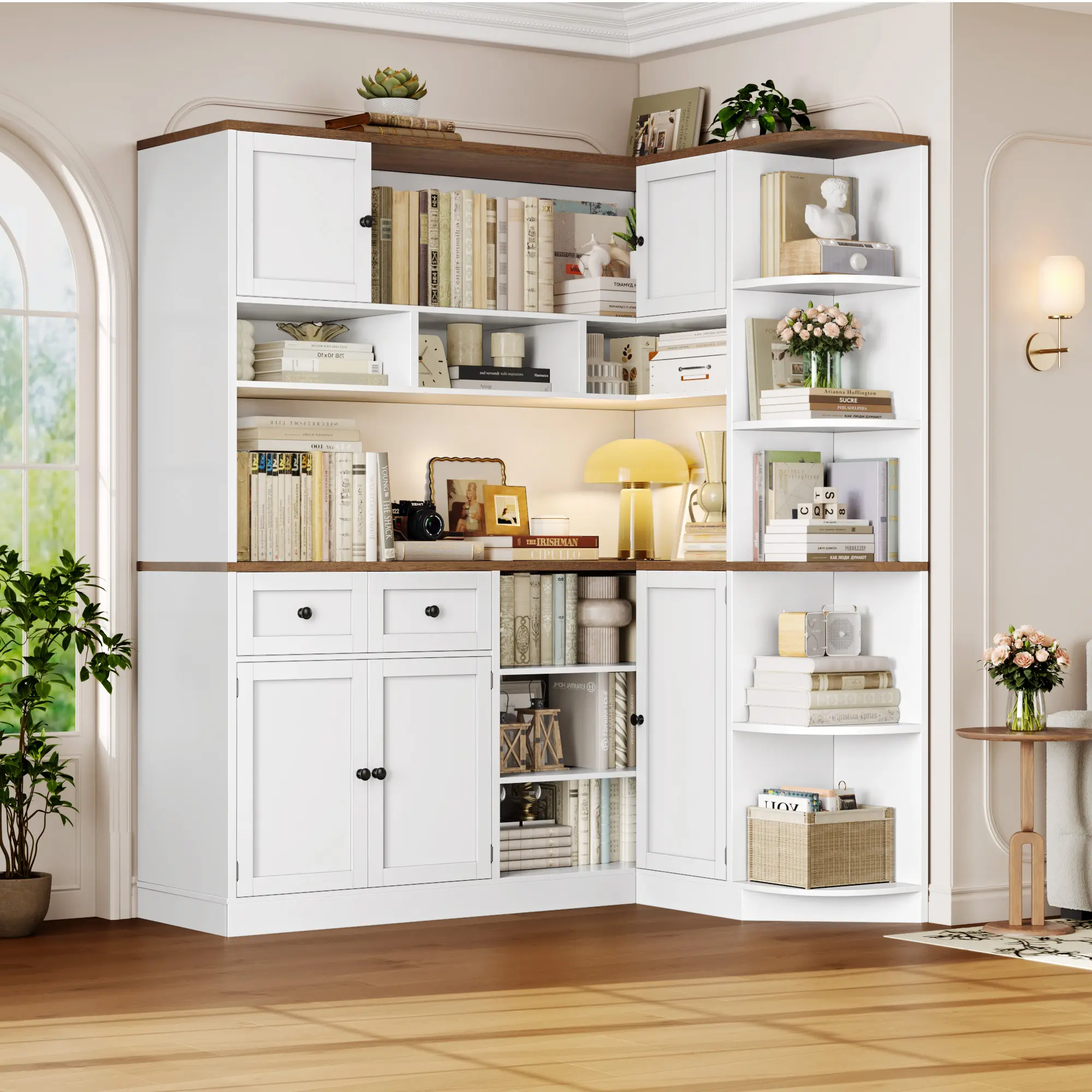 FOTOSOK 71" Tall Corner Bookshelf – Farmhouse Bookcase with Charging Station, Coffee Stand, and Doors, Large Kitchen Storage Cabinet for Home, Black/Brown