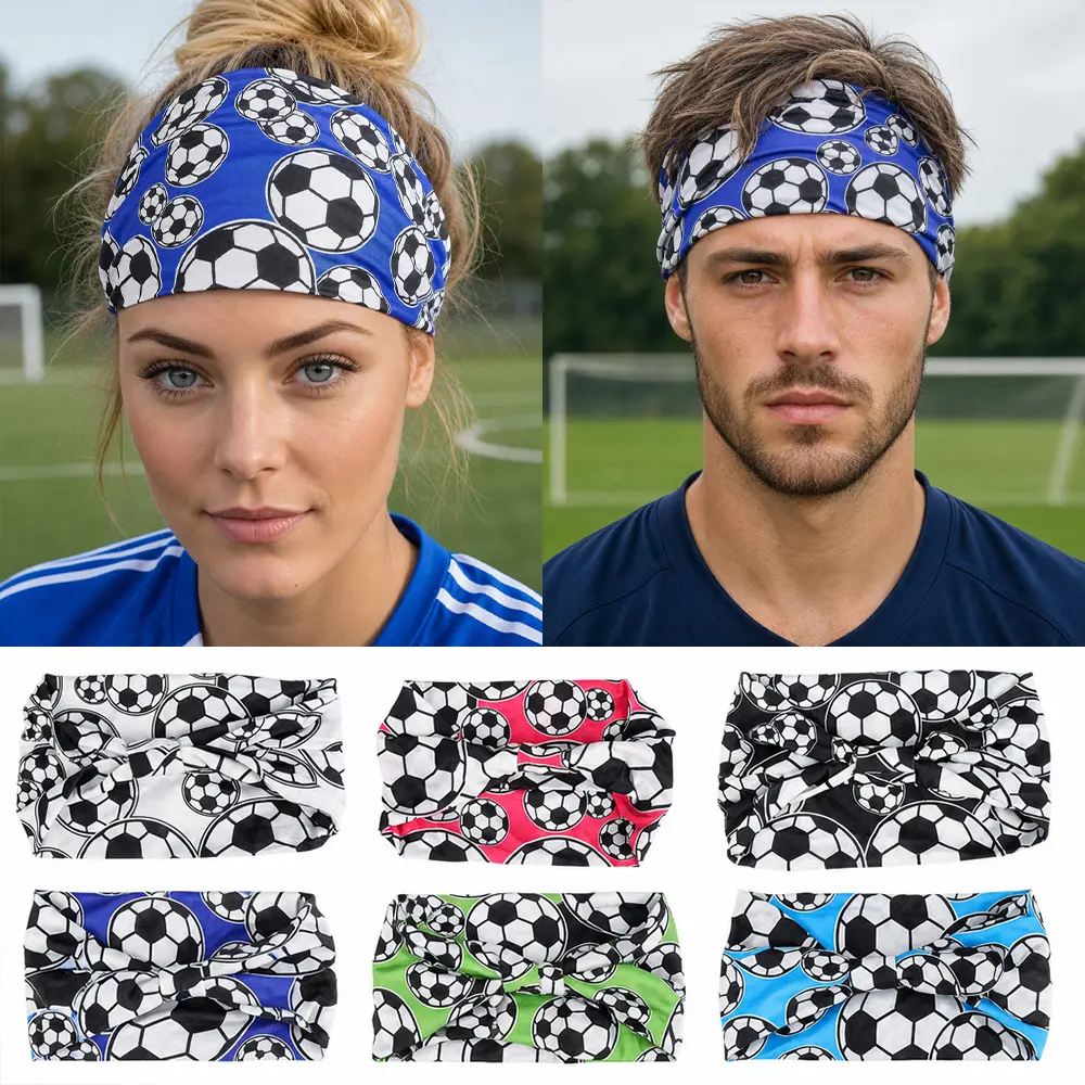 6Pcs Soccer Pattern Headbands for Women Girls Boys Elastic Sweatband Headbands Adjustable Athletic Headband for Daily, Running, Football, and Outdoor Play