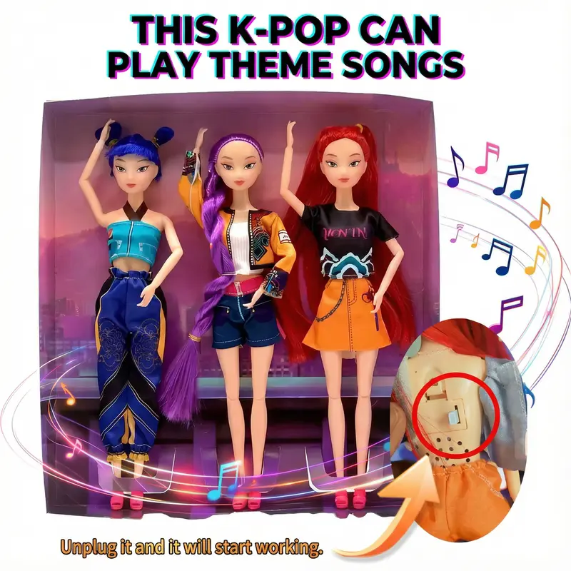 Gift For Valentines K-pop Demon Hunters Anime action figure doll 11.5 inches–12 Joint Movable Anime-Rumi, Mira and Zoey, Anime-Inspired Collectible Dolls, Mystery Box Merch Gift for Fans & Kids-desk display-Kpop Idol Merch Collectibles Playable theme song